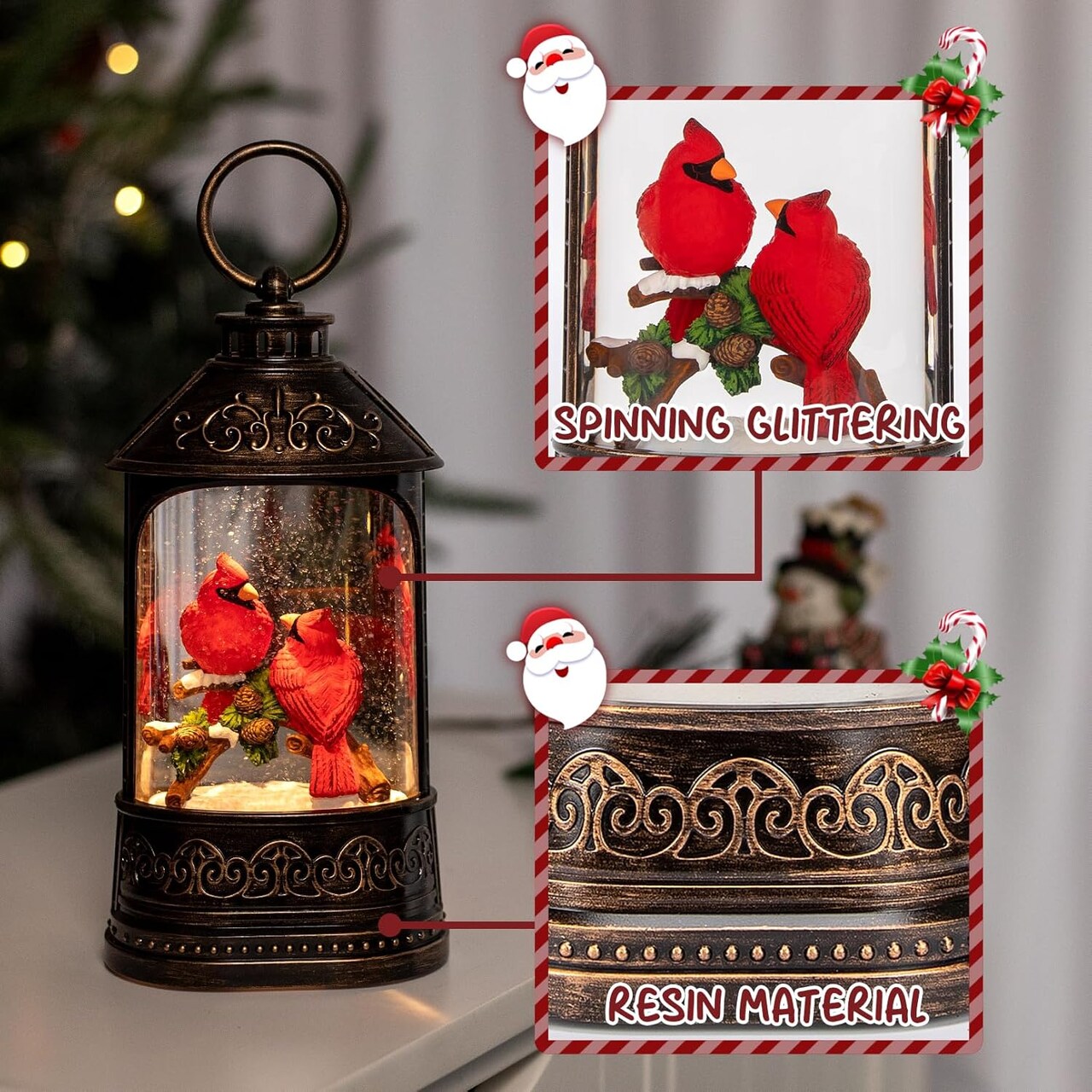 Christmas Snow Globe Lantern, Glitter Lighted Cardinal Snow Globe with Music,Musical Christmas Decorations USB and Battery Operated, Christmas Decor